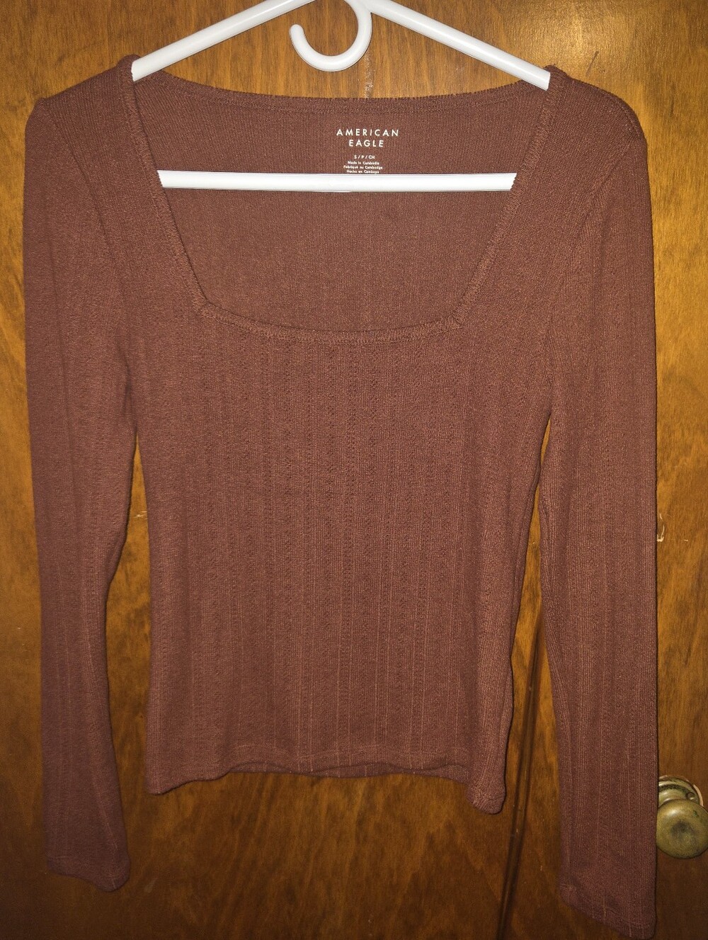 American Eagle Outfitters Women's Ribbed Square-Neck Long Sleeve Top - Burgundy